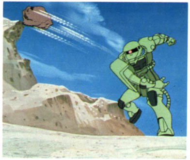 17 - The Zaku throws a big rock at the Core Fighter