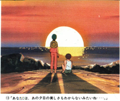 23 - Amuro and the girl look out over the ocean as the sun goes down