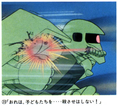 36 - The other Zaku is hit in the shoulder as it rushes forward